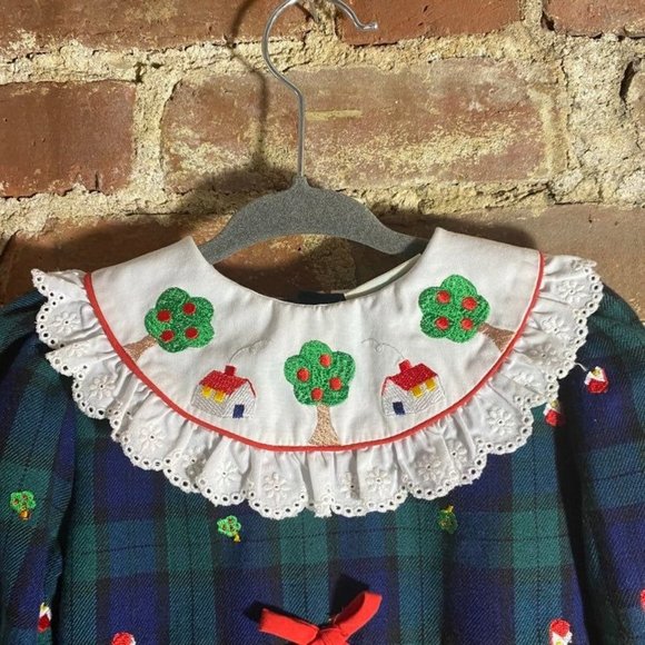 Vintage Glen Plaid Romper Bubble Lace Collar Apple Embroidery 18m - Picture 6 of 12